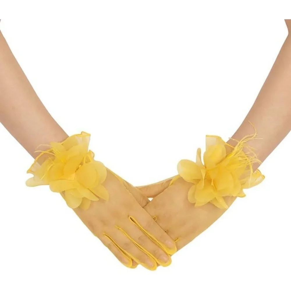 Women's Tulle Floral Short Yellow Gloves Flower Design Tea Party Accessories